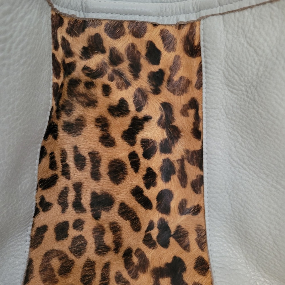 Romag Grey Pebbled Leather Leopard Calf Hair Hobo Bag Gold Hardware - Picture 2 of 16